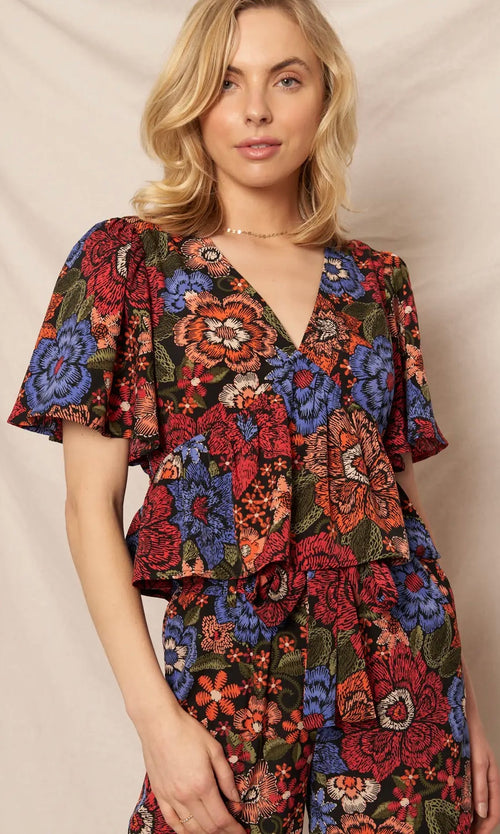 Floral Print Floral Sleeve V-Neck