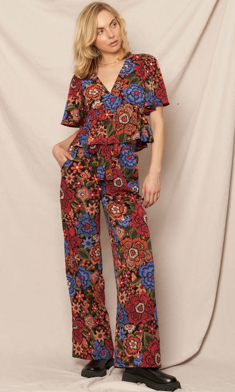High waisted Floral print Belted Pants