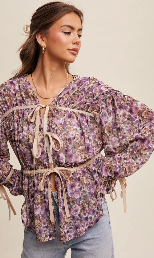 Floral Printed Sheer Blouse With Tie