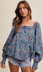 Square-Neck Floral Print Blouse