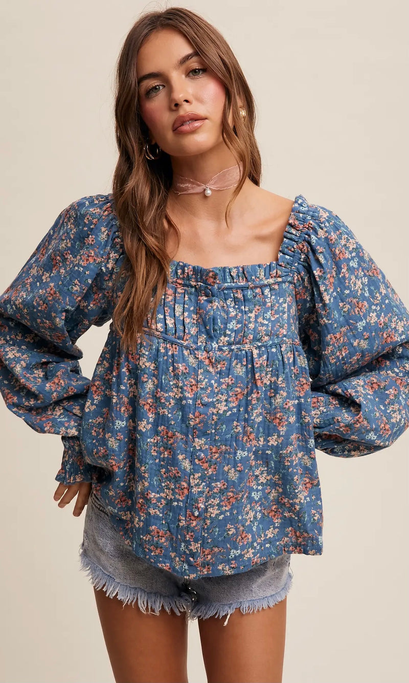 Square-Neck Floral Print Blouse