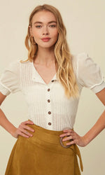 Textured Puff Sleeve Button Up Top