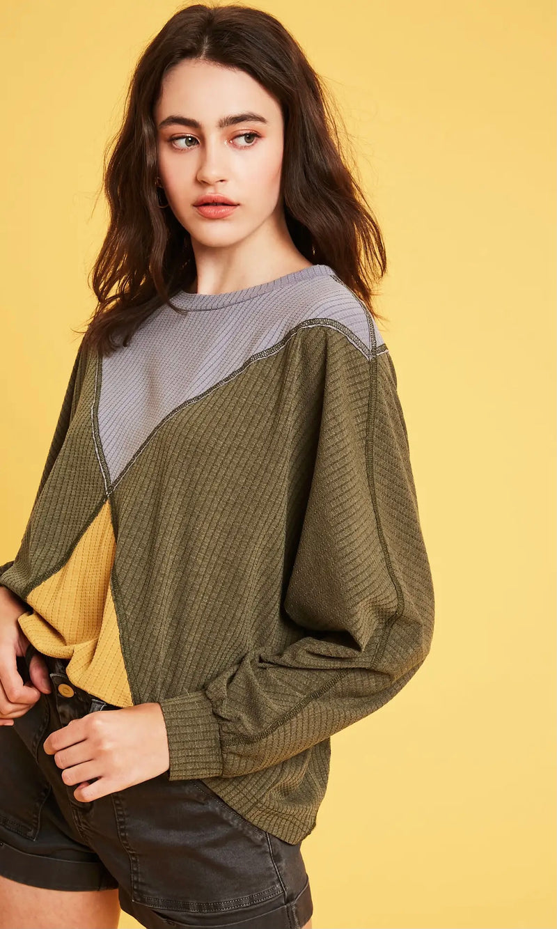 Colorblock Waffle Knit Pullover