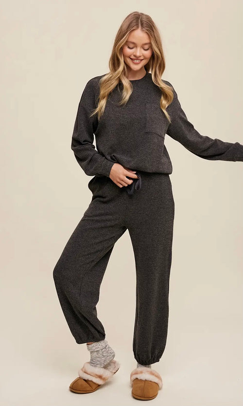 Waffle Knit Long Sleeve Lounge Set