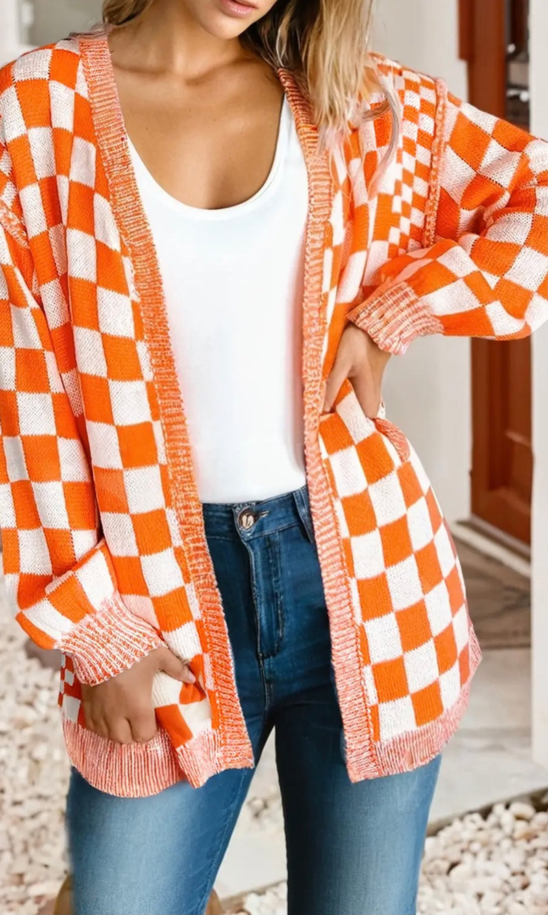 Checkered Open Front Drop Shoulder Cardigan