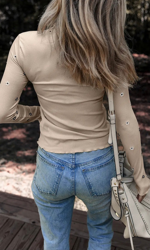 Floral Embroidered Detail Ribbed Long Sleeve