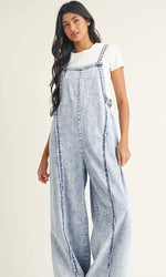 Light Wash Frayed Exposed Seam Wide Led Denim Overall