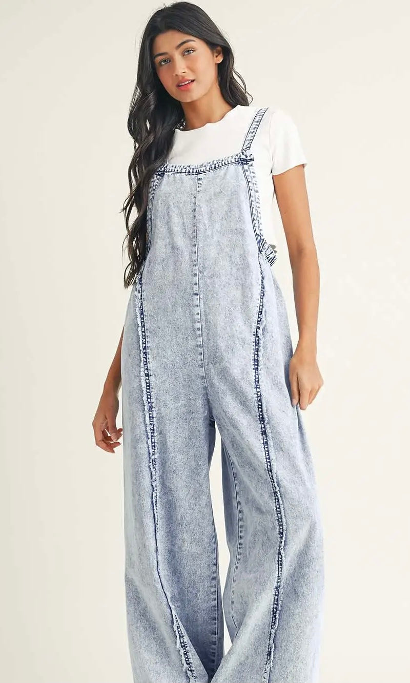 Light Wash Frayed Exposed Seam Wide Led Denim Overall