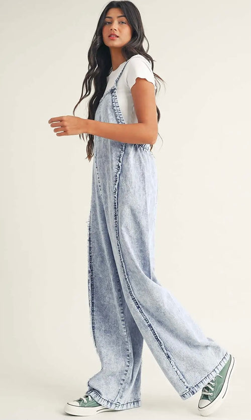 Light Wash Frayed Exposed Seam Wide Led Denim Overall