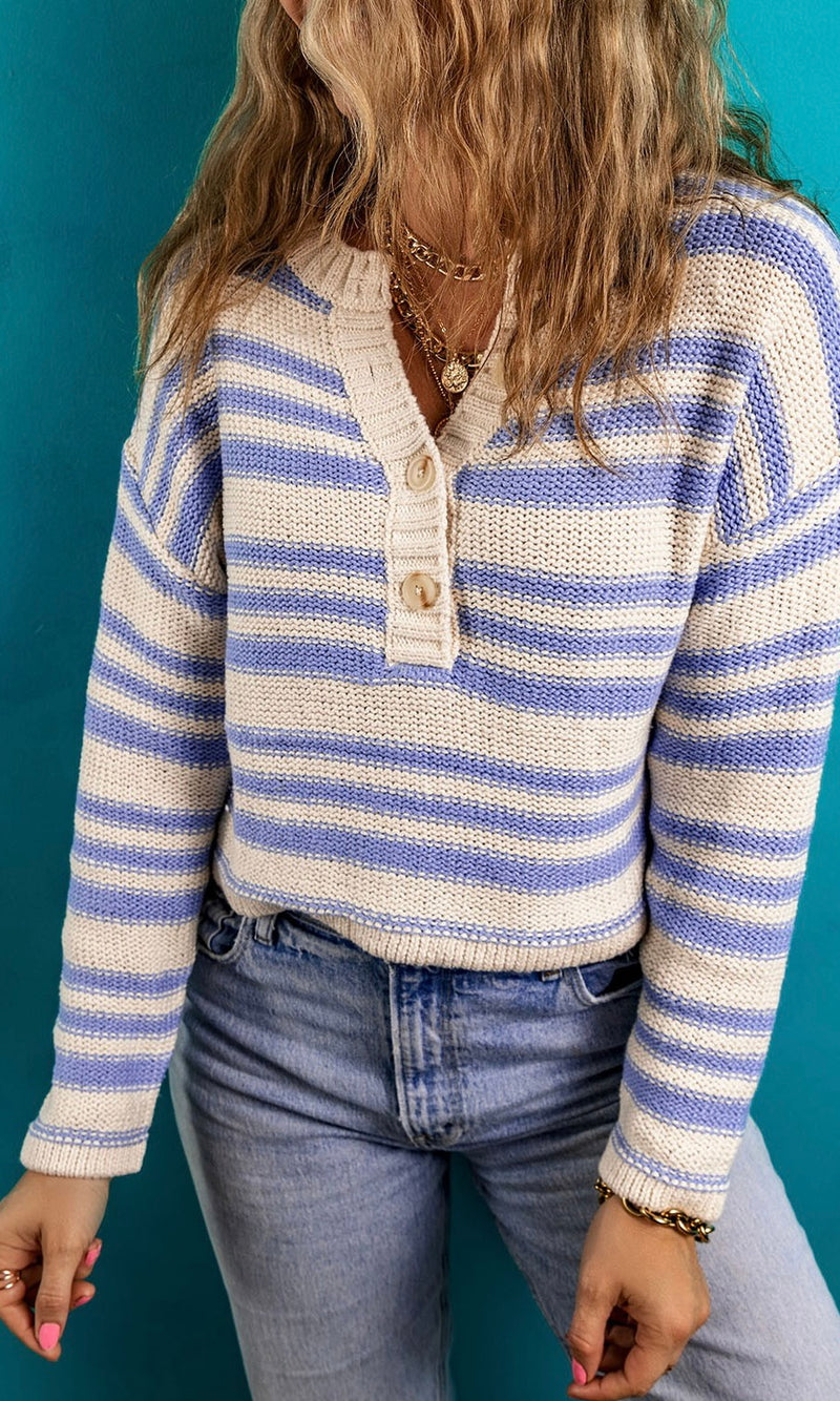 Blue Striped Button Sweater