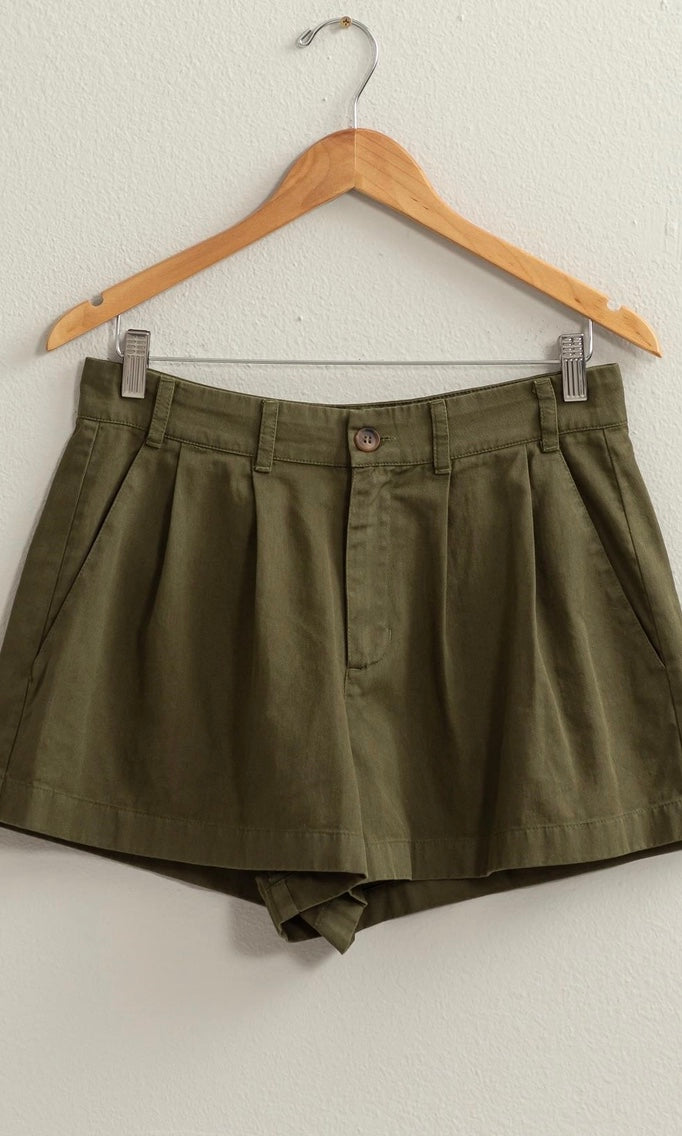 Pleated Olive Shorts