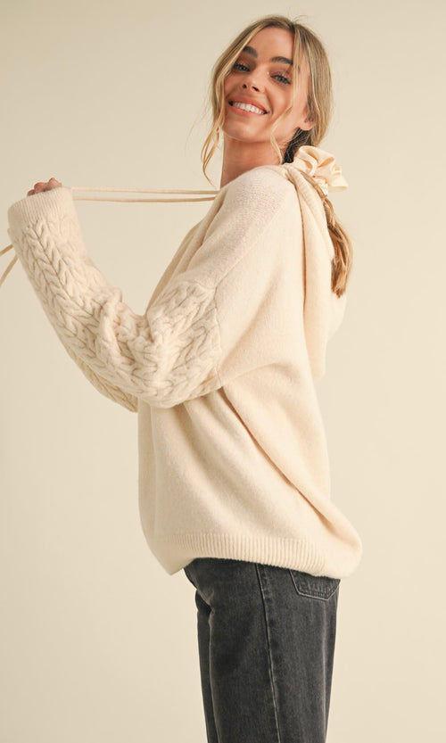 Cable Knit Pullover Hoodie Cream