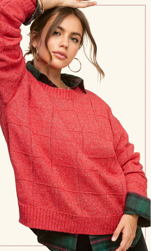 Red Two Tone Knit Sweater Top