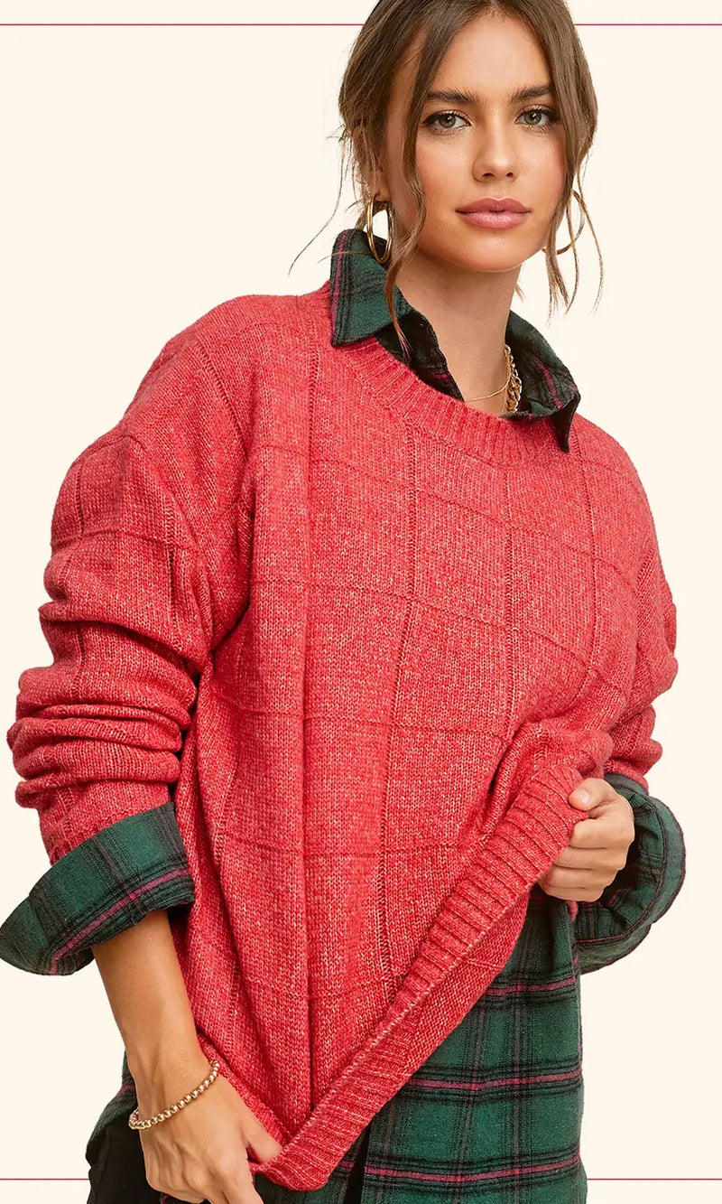 Red Two Tone Knit Sweater Top