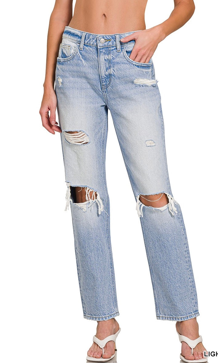 High-Rise Distressed Straight-Leg Denim Pants