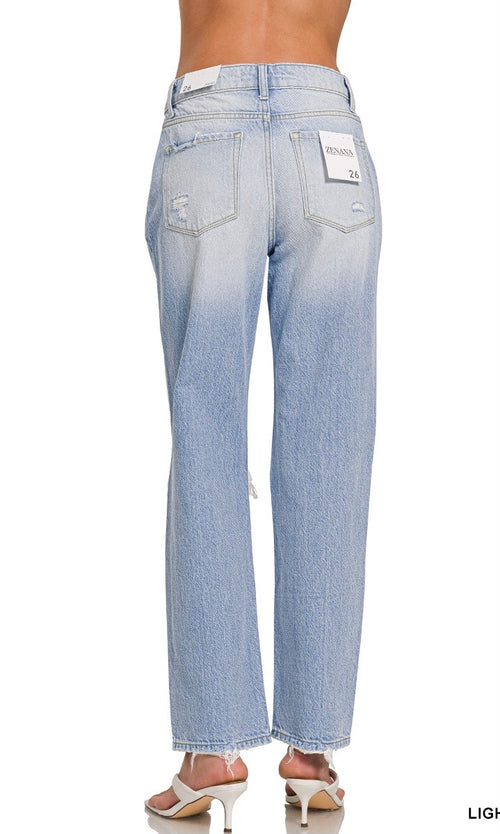 High-Rise Distressed Straight-Leg Denim Pants